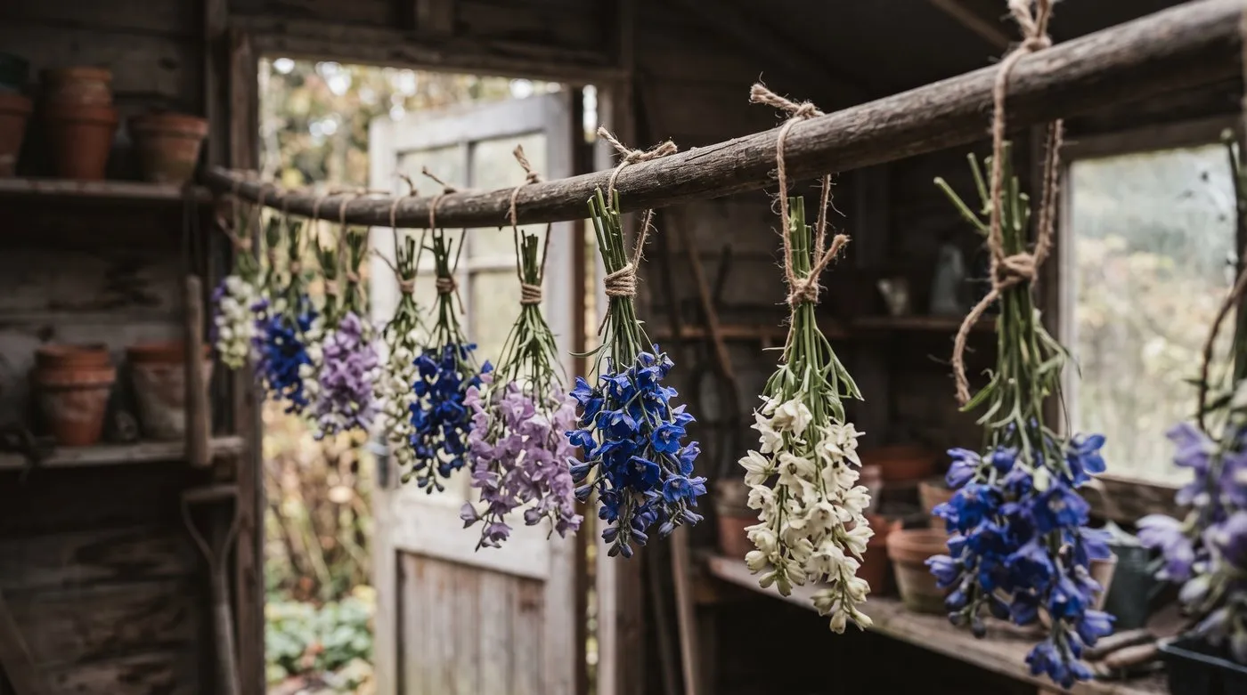 Bunches of blue, purple and white larkspur hanging upside down to dry in a shed
