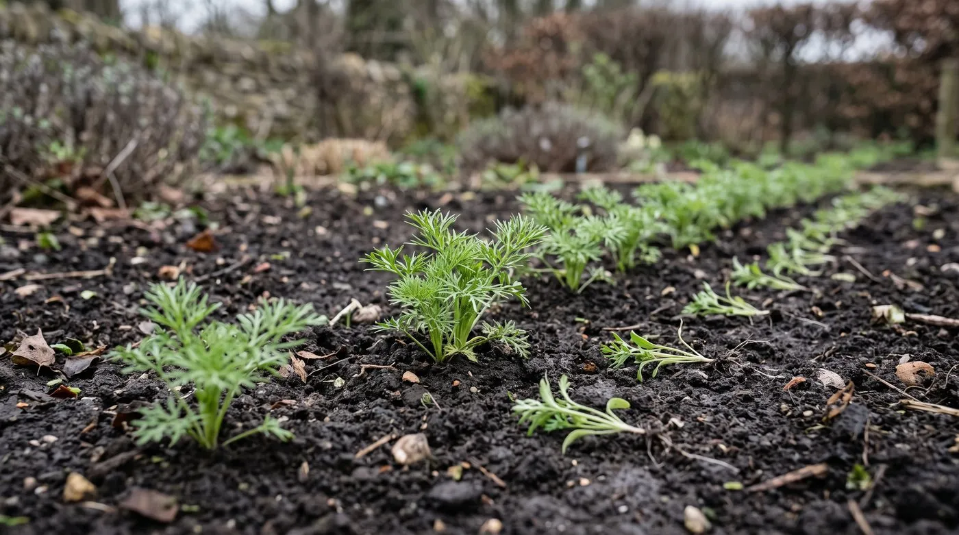 Feathery larkspur seedlings thinned to wide spacing along a row in March