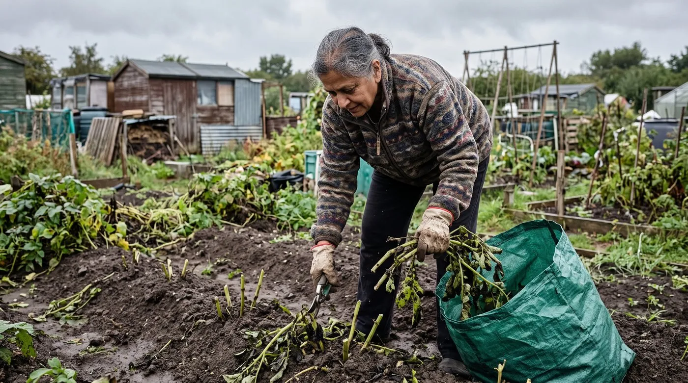 Gardener cutting blighted potato foliage at ground level and bagging it on an allotment