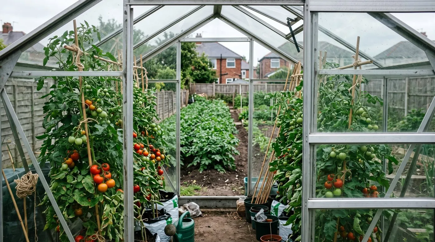 Healthy tomato plants in a ventilated greenhouse looking out over potato rows in the vegetable patch