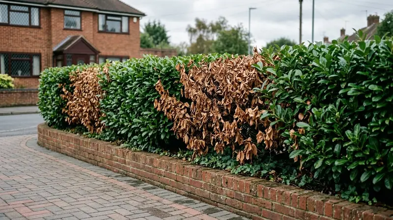 A cherry laurel hedge along a UK suburban front boundary showing large brown dying patches among the glossy green foliage
