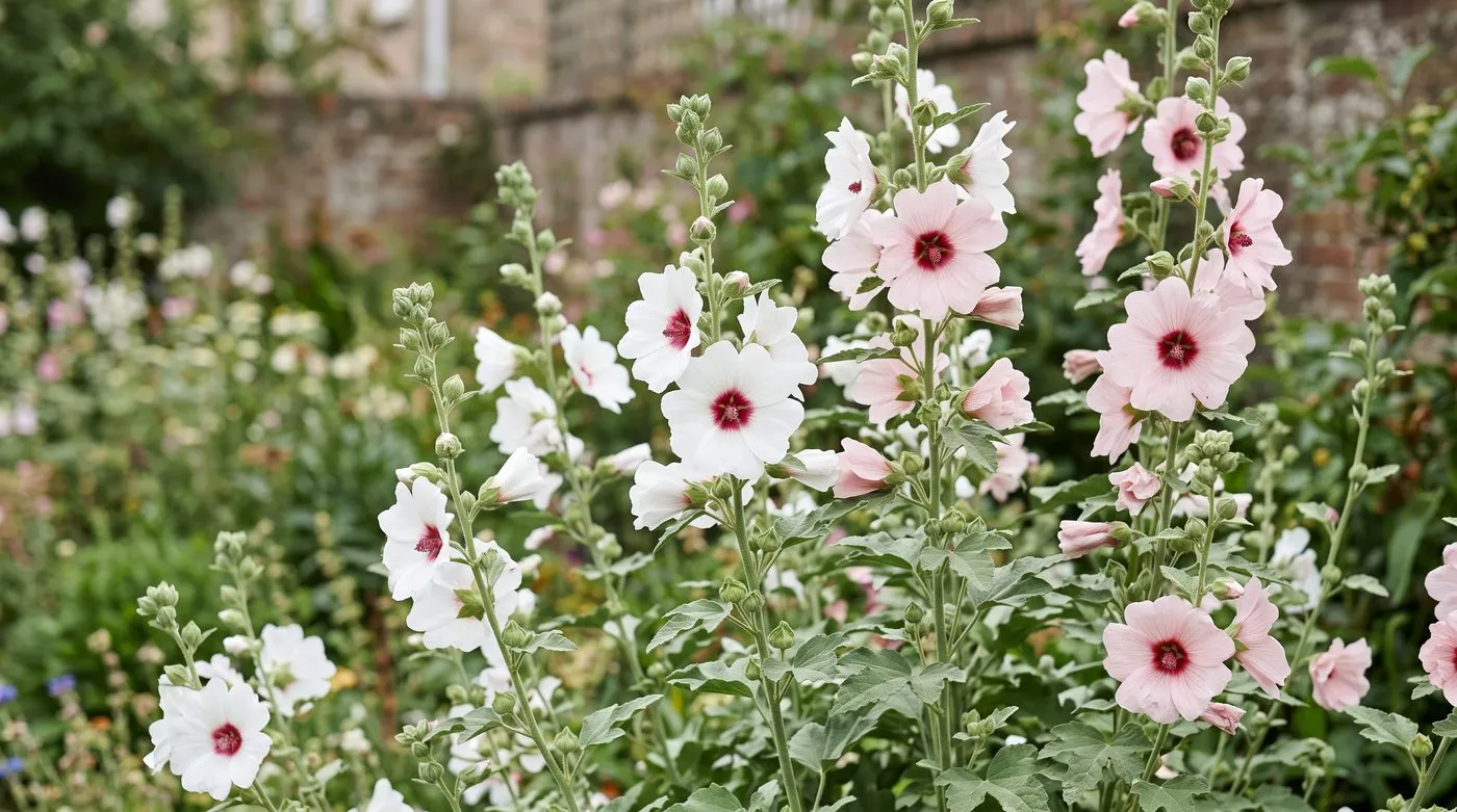 Lavatera Barnsley flowers, white with a red eye, beside older blooms blushing pink on one stem