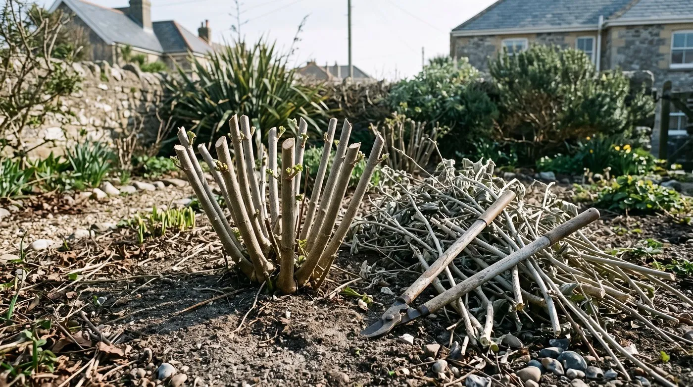 Lavatera cut back hard to 30cm stumps in March, with pruned stems and loppers beside it