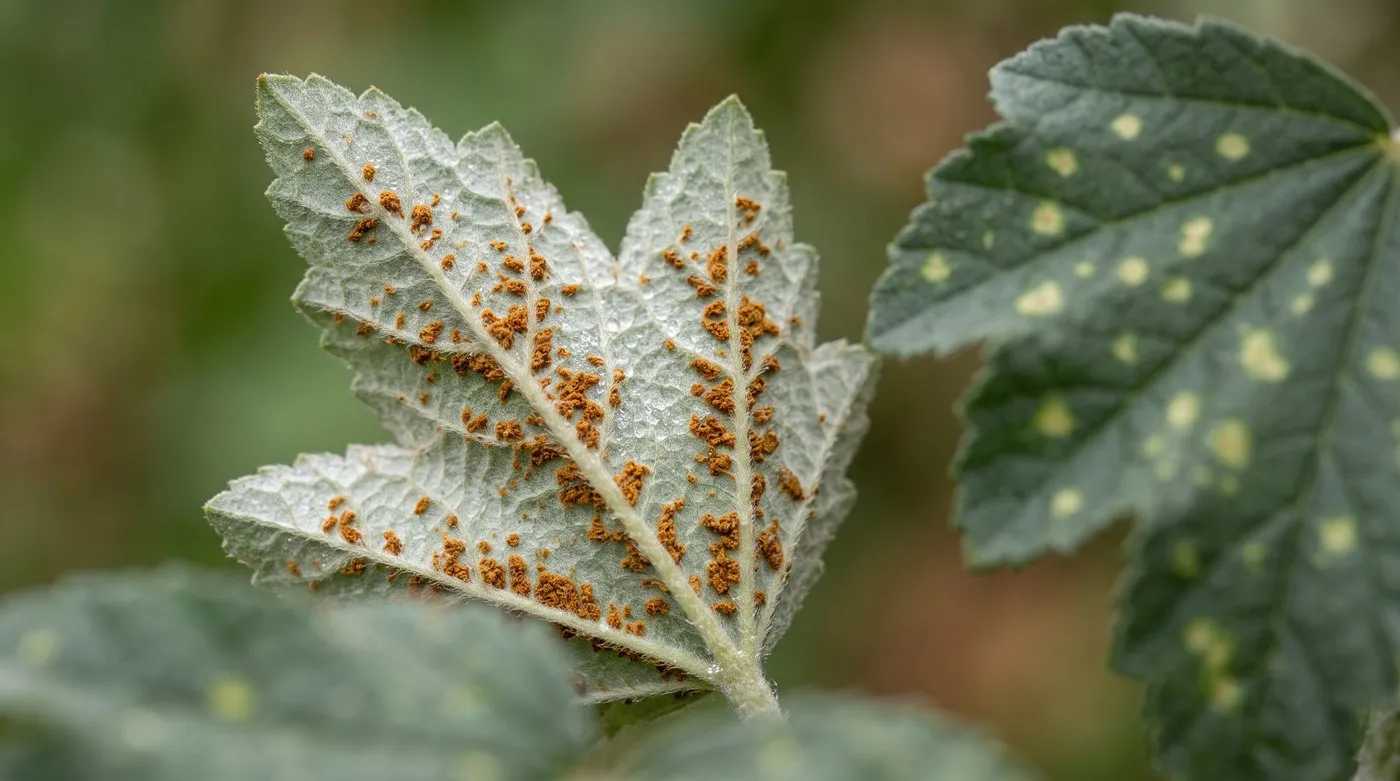 Orange-brown hollyhock rust pustules on the underside of a lavatera leaf