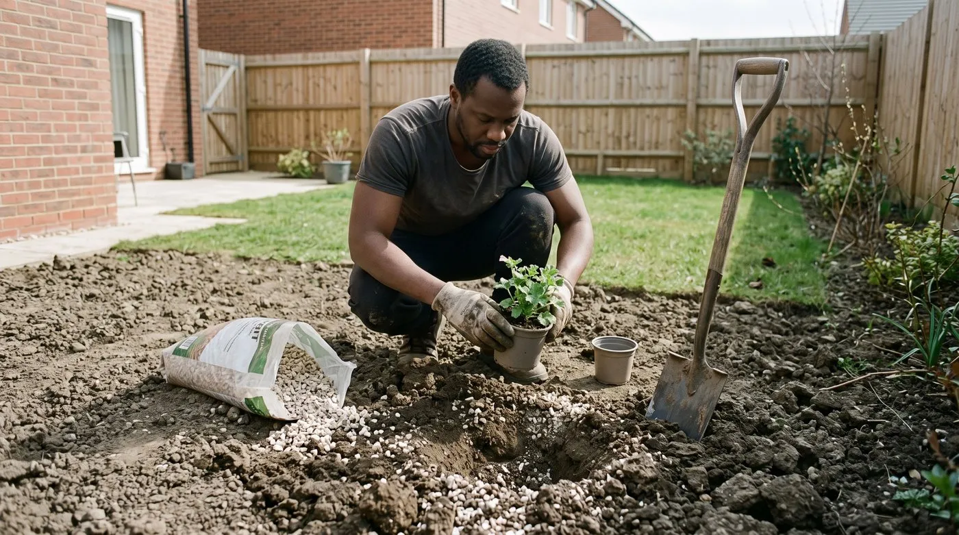 Man planting a young lavatera into clay soil mixed with grit in a sunny border