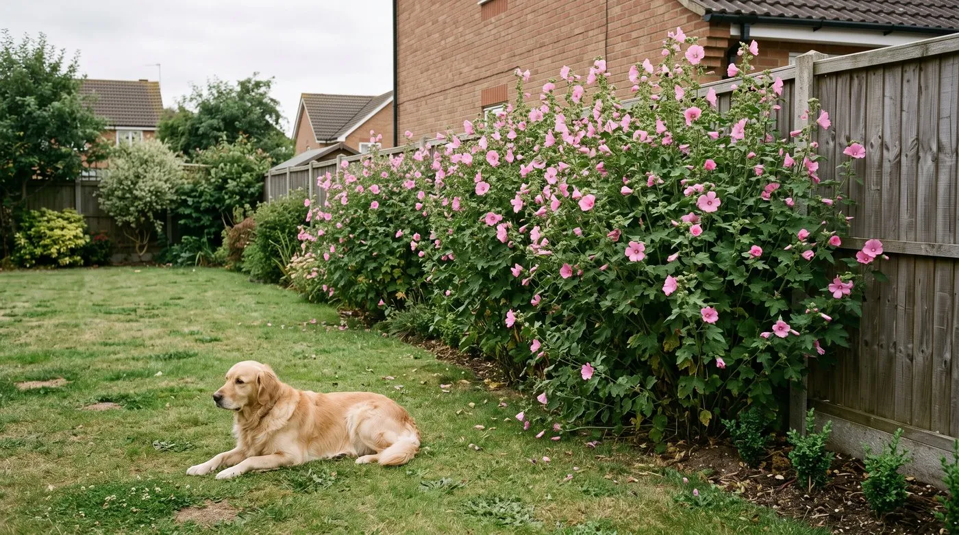 Row of tall pink lavatera making a flowering summer screen, with a retriever on the lawn in front