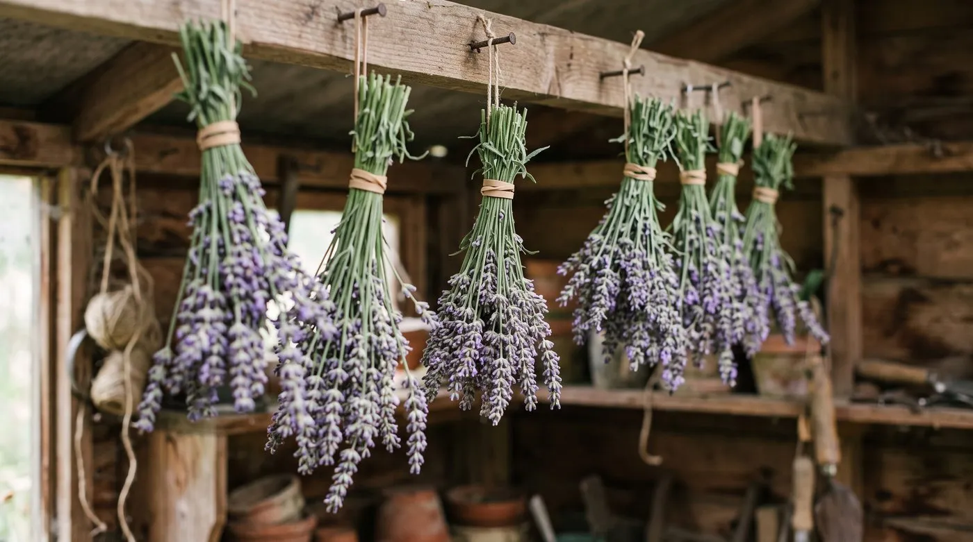 Bundles of English lavender stems hanging upside down to dry in an airy shed