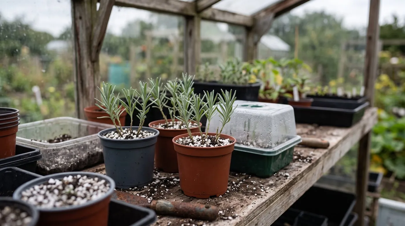 Pots of lavender cuttings in a perlite mix, one under a clear propagator lid on a greenhouse bench