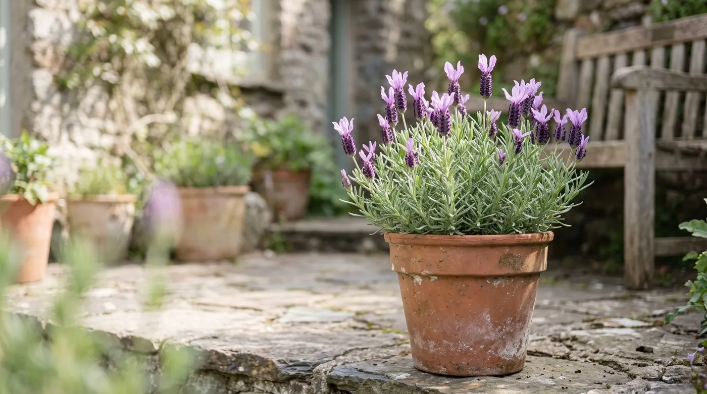 French lavender flower heads with purple rabbit-ear bracts on top, growing in a terracotta pot