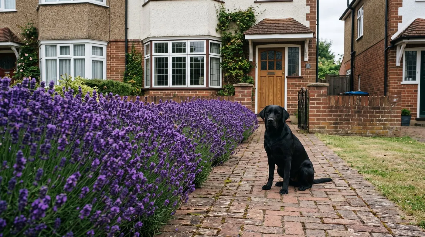 Rounded Hidcote lavender hedge in flower along a front path, with a black labrador sitting on it