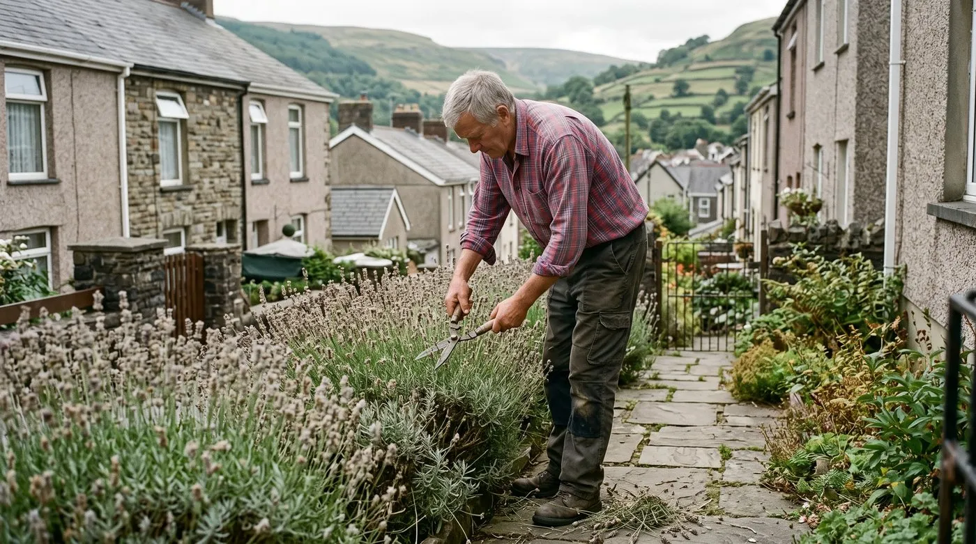 Older man trimming lavender into neat domes with shears after flowering