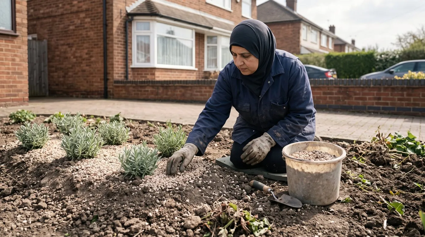 Woman spreading gravel mulch around lavender planted on a raised, gritty mound over clay soil
