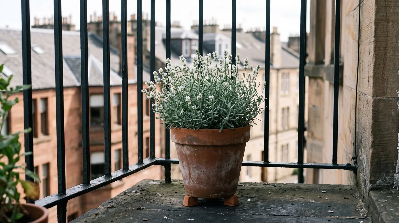 Dwarf white lavender in a terracotta pot raised on pot feet on a sunny city balcony