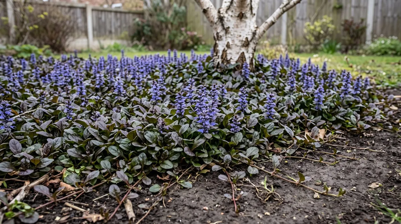 A mat of dark bronze ajuga with blue flower spikes spreading in the shade of a small tree