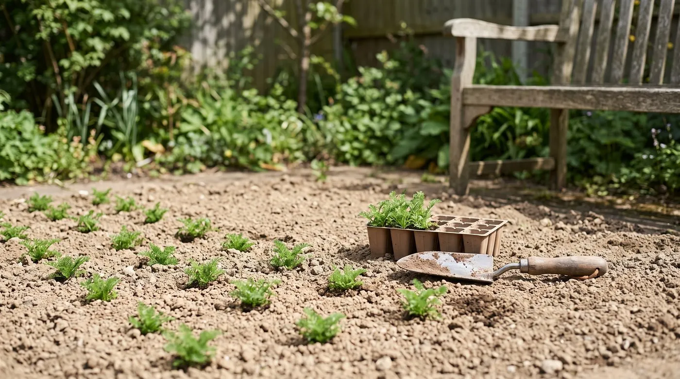 Chamomile plug plants set in rows about 15cm apart in raked soil beside a garden bench