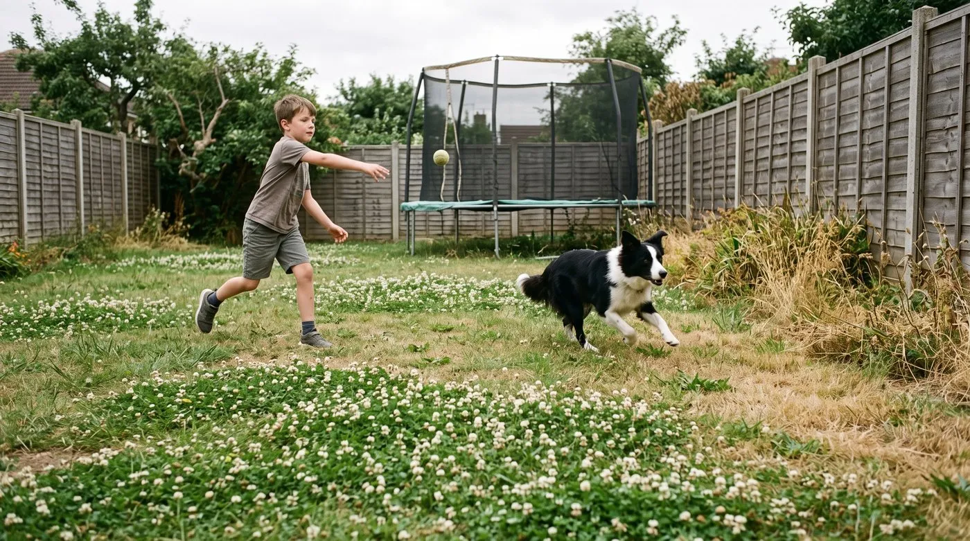 A boy throwing a ball for a Border collie on a green lawn of mixed grass and flowering white clover