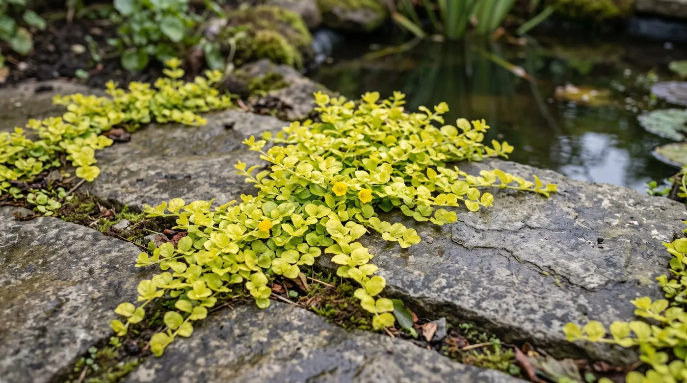 Golden creeping Jenny with round lime-yellow leaves spreading between stone pavers by a pond