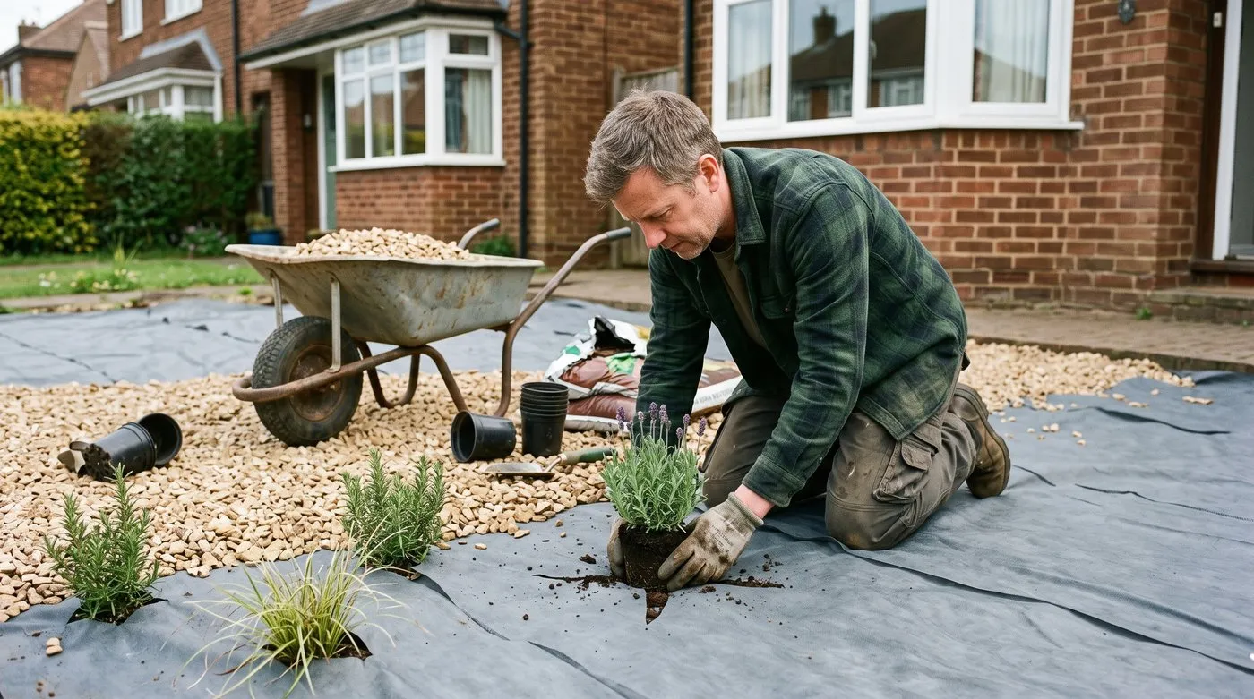 A man planting lavender through a cross cut in membrane before spreading gravel over a former lawn