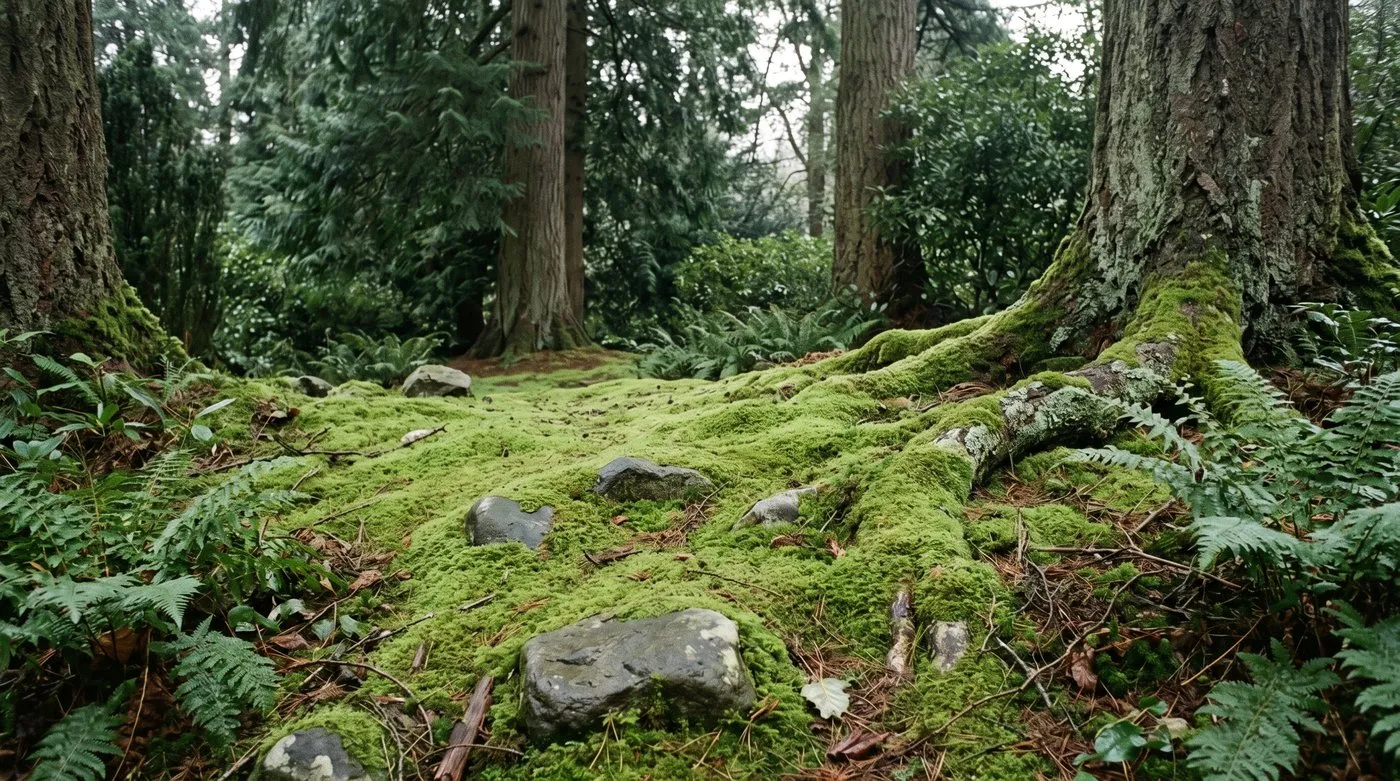 A soft green carpet of moss covering the ground in deep shade under evergreen trees
