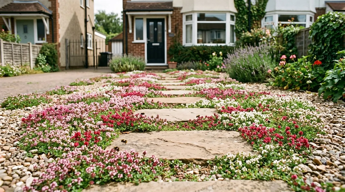 Pink, crimson and white creeping thyme in flower around a path of sandstone stepping stones