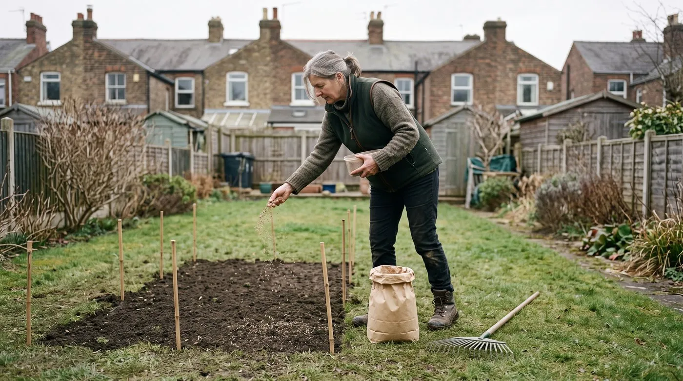A woman scattering grass seed by hand over a raked bare patch in a back lawn in spring