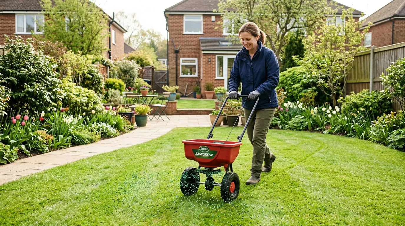 Applying lawn fertiliser with a broadcast spreader on a UK garden lawn in spring