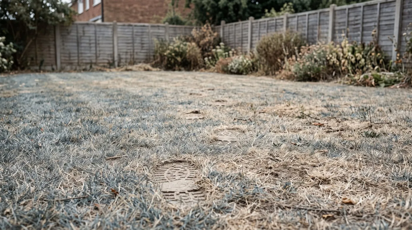 Footprints staying pressed into a dull blue-grey lawn in dry summer weather, a sign it needs water