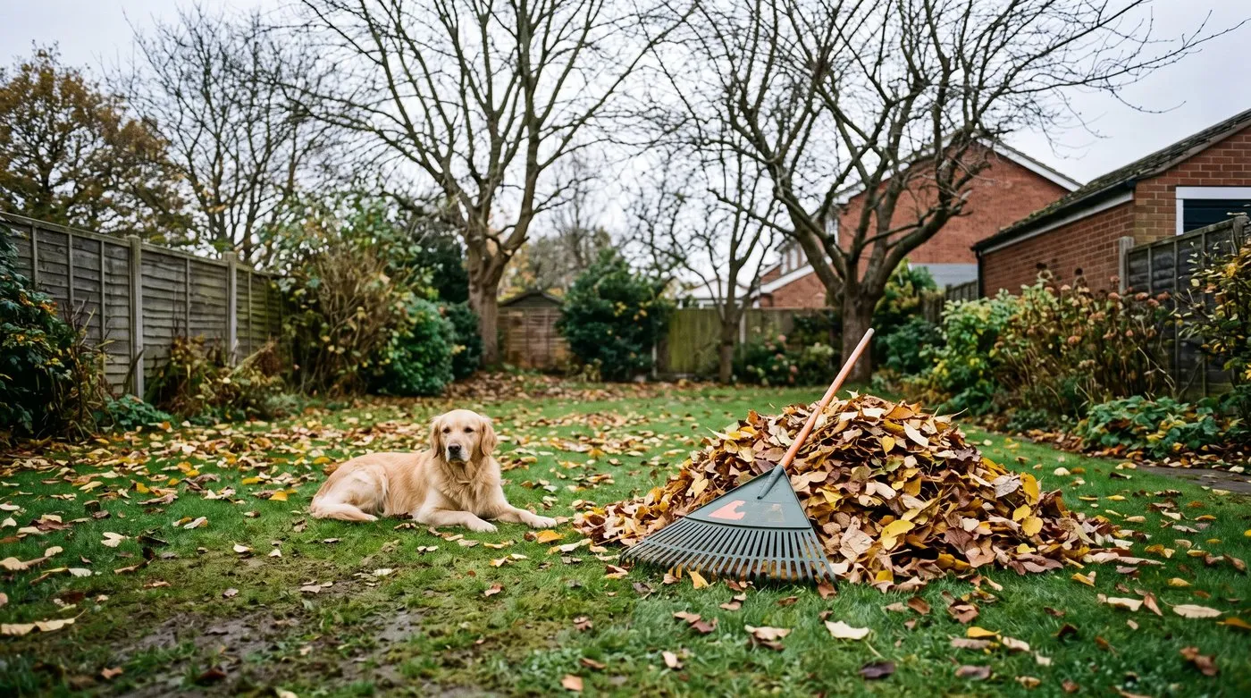 Fallen autumn leaves half raked off a lawn into a pile, with a golden retriever lying on the grass