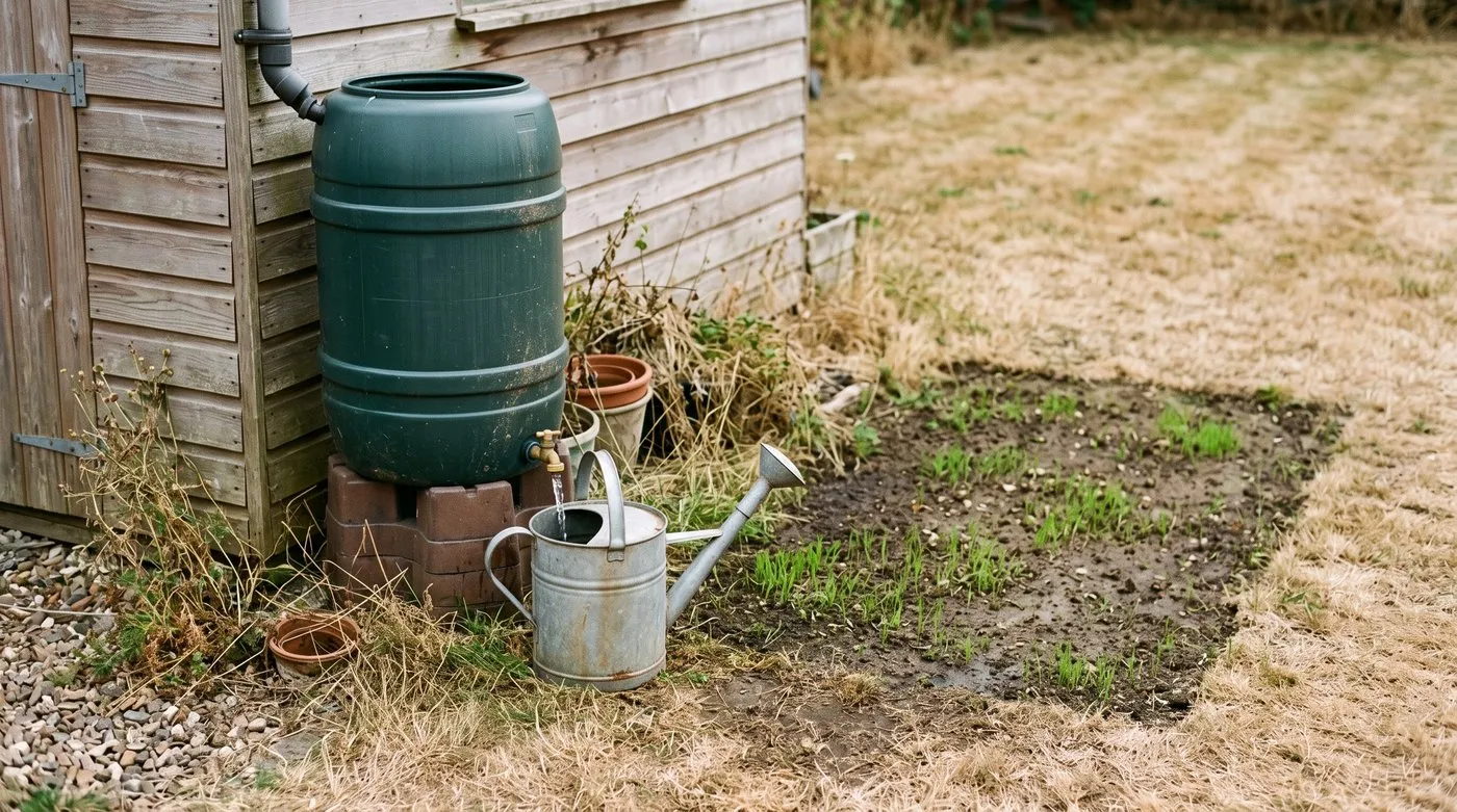 Filling a watering can from a water butt to water newly sown grass while the rest of the lawn is brown
