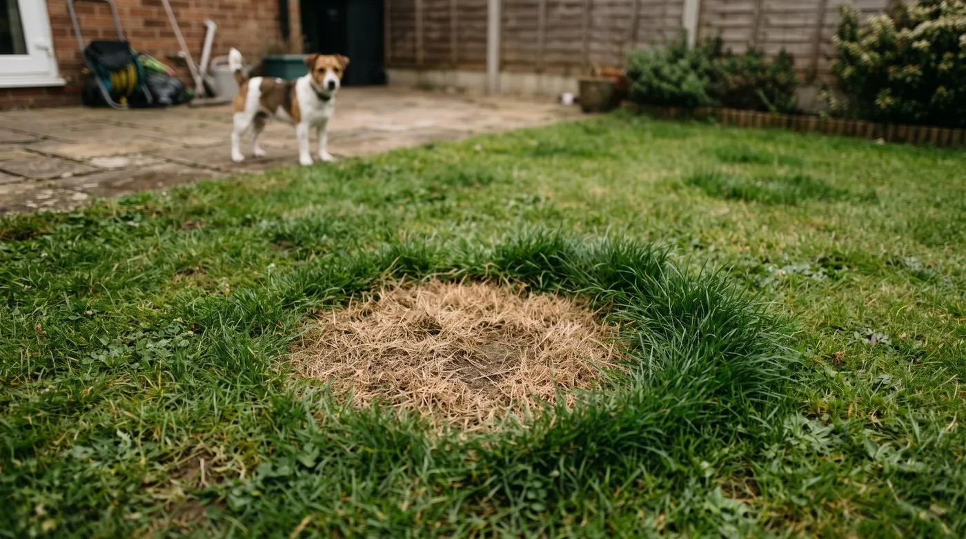 A round dead patch with a dark green ring on a lawn caused by dog wee, with a terrier nearby