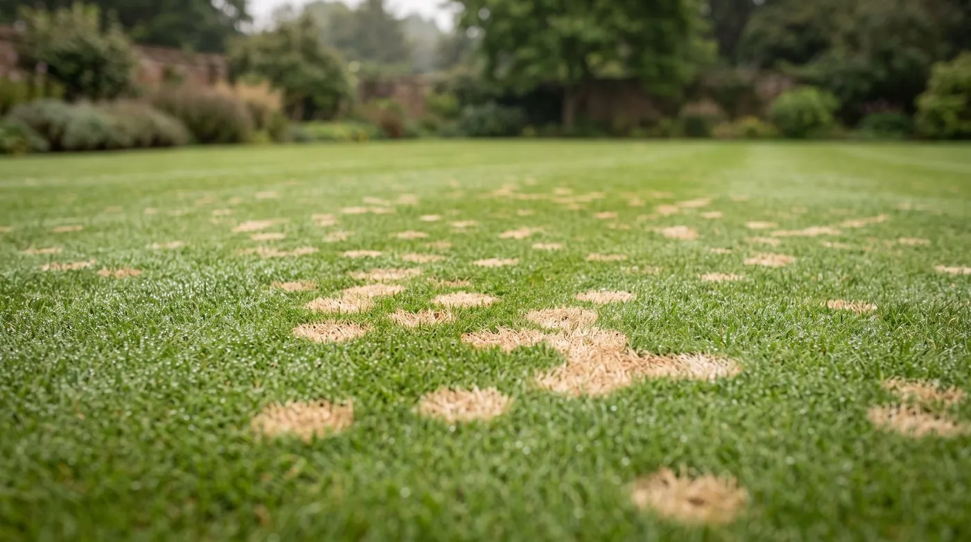 Many small coin-sized straw-coloured spots of dollar spot on a fine lawn in summer