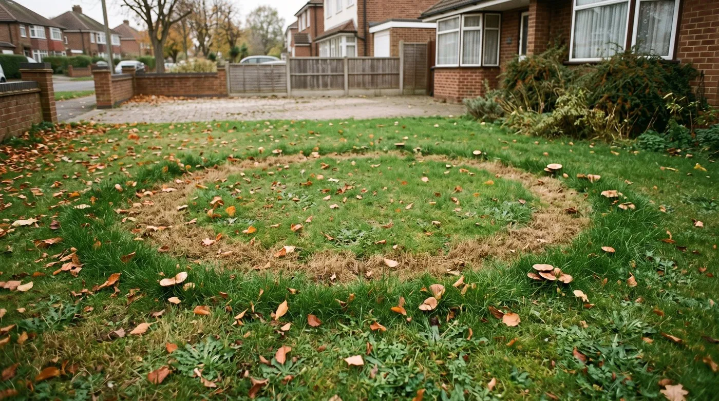 A fairy ring on a lawn showing a band of dead brown grass between two rings of dark green grass