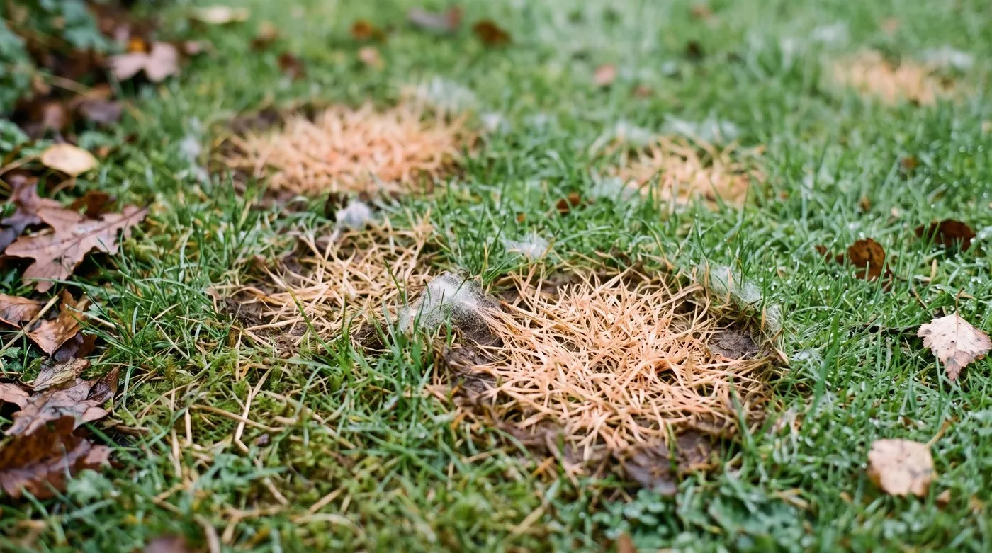 Round straw-coloured fusarium patches with dark edges and white fluff on a damp autumn lawn