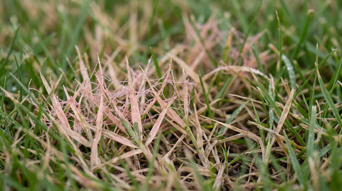 Close-up of red thread on a dewy lawn, with fine pink-red threads on bleached grass blades