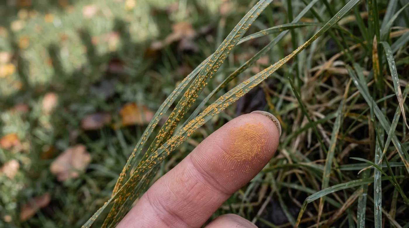Ryegrass blades covered in orange rust pustules, with orange dust on a fingertip