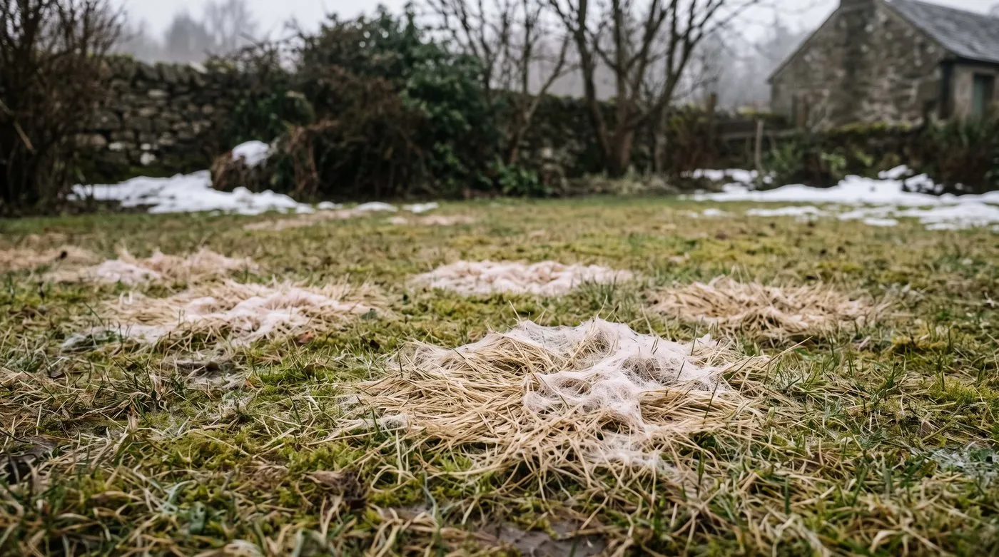 Round patches of flattened grass covered in white and pink fluffy snow mould after a thaw