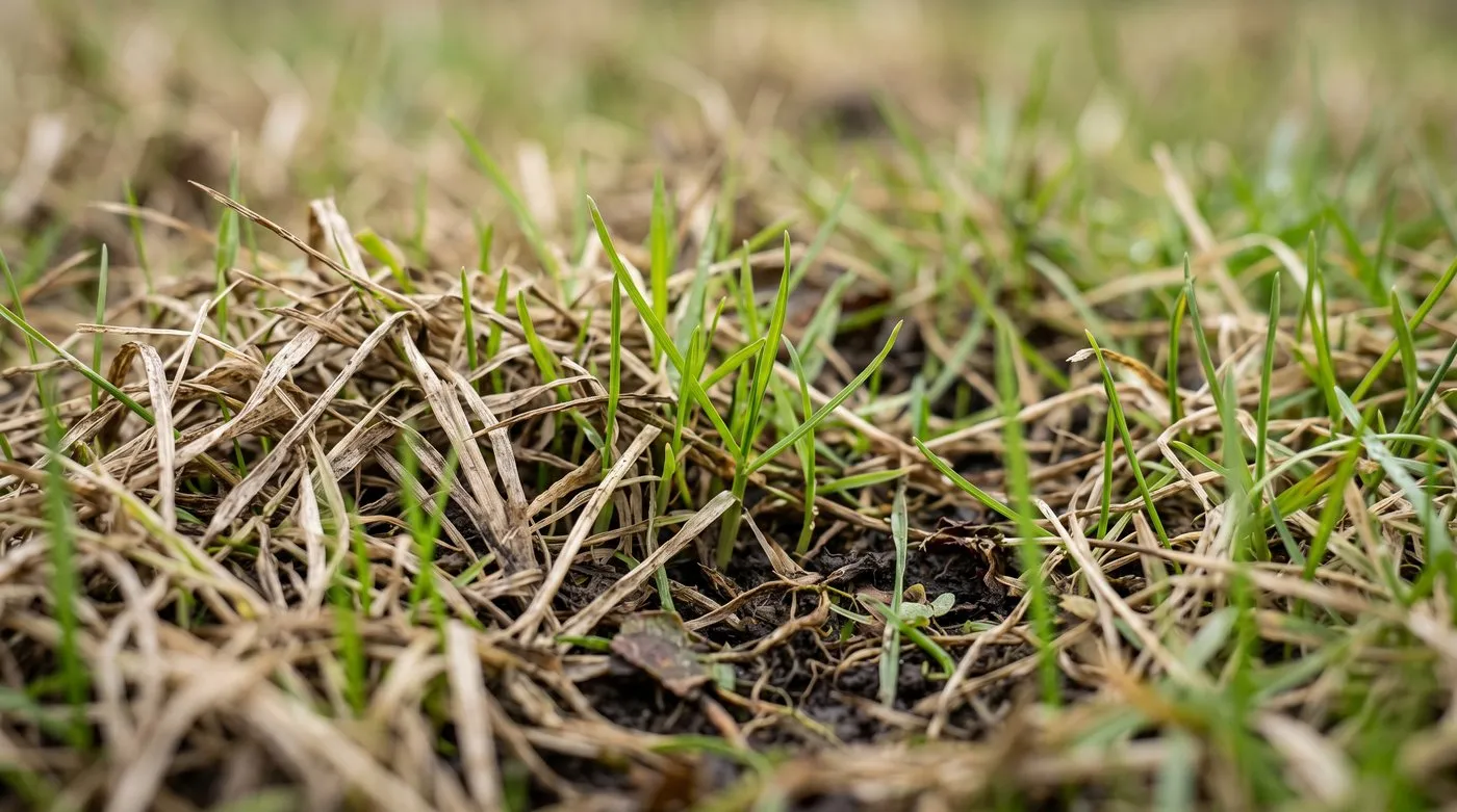 Fresh green grass shoots pushing up through brown dormant blades two weeks after rain