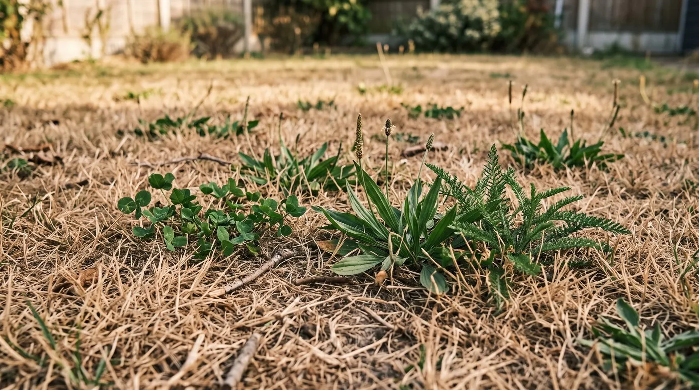 A drought-browned lawn dotted with green clover, plantain and yarrow that stay green in dry weather