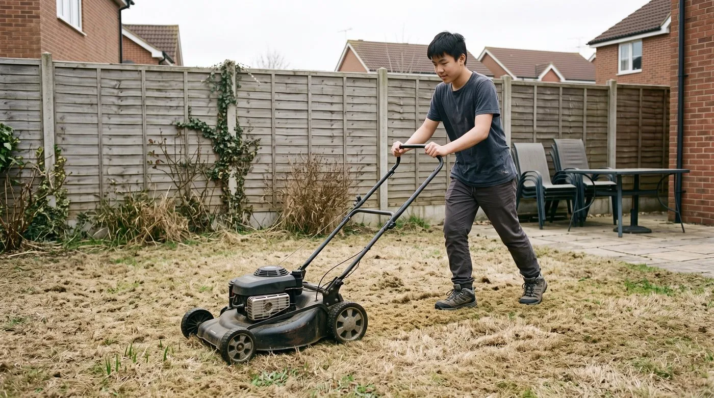 A teenage boy mowing a recovering lawn with the mower set high after a drought