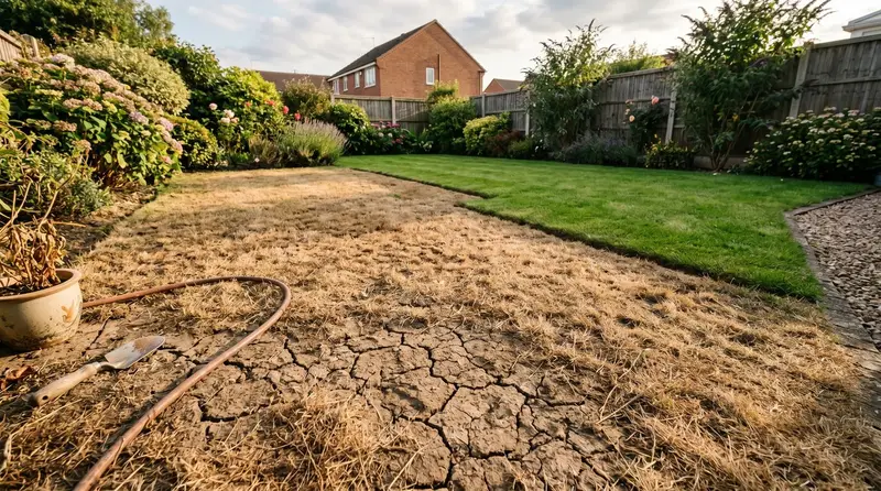 UK suburban back garden lawn split between brown drought-stressed turf in the foreground and recovering green grass in the