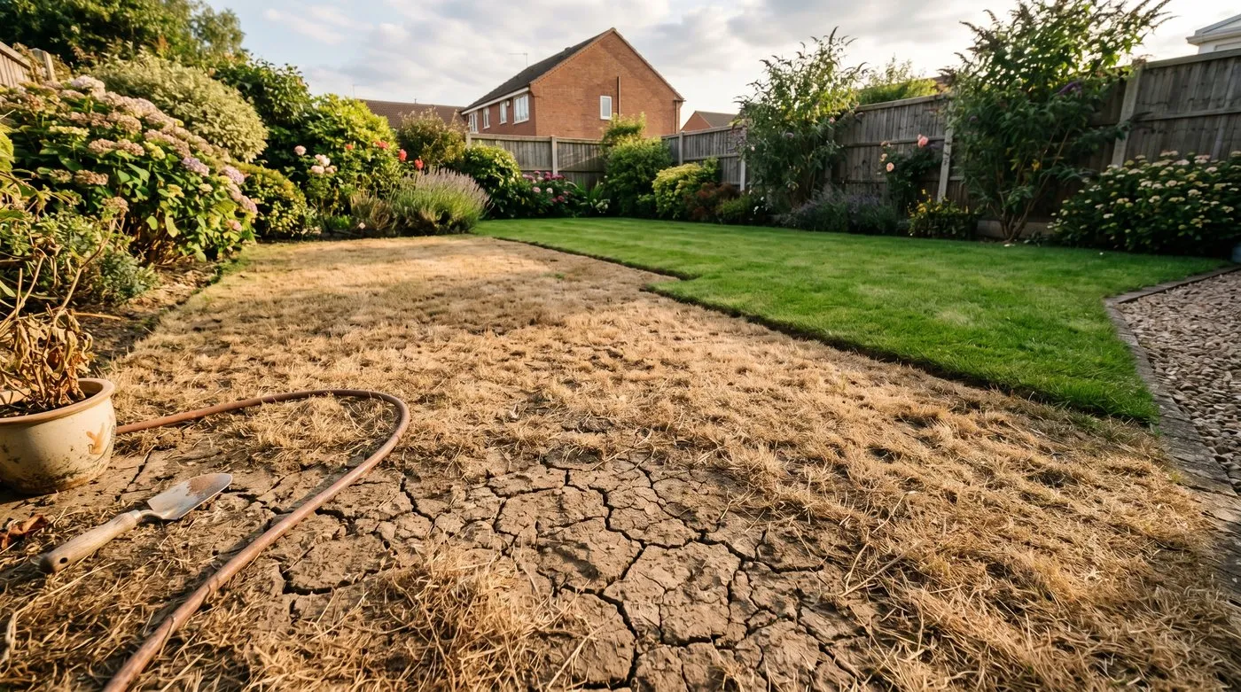 UK suburban back garden lawn split between brown drought-stressed turf in the foreground and recovering green grass in the background at golden hour