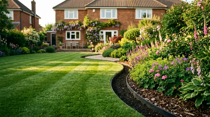 Freshly edged lawn curve with a dark gutter edge against a planted border in a UK suburban garden