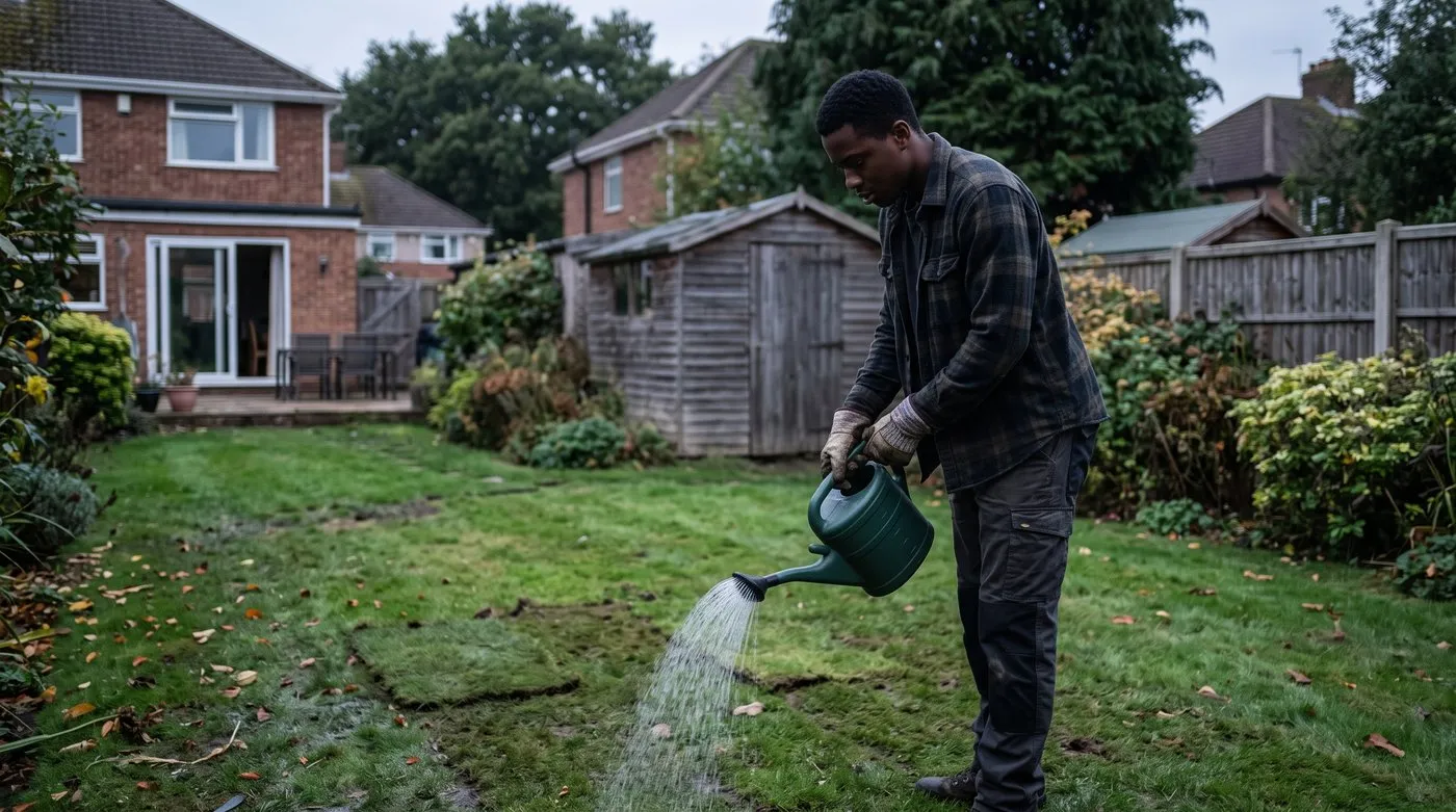 Gardener watering nematodes onto a damp lawn with a watering can in autumn
