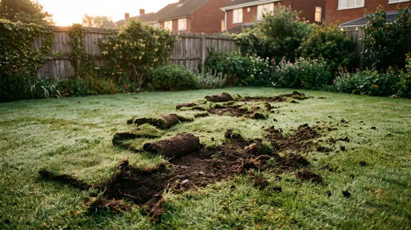 Patches of turf rolled back overnight by a badger digging for grubs in a UK back lawn at dawn