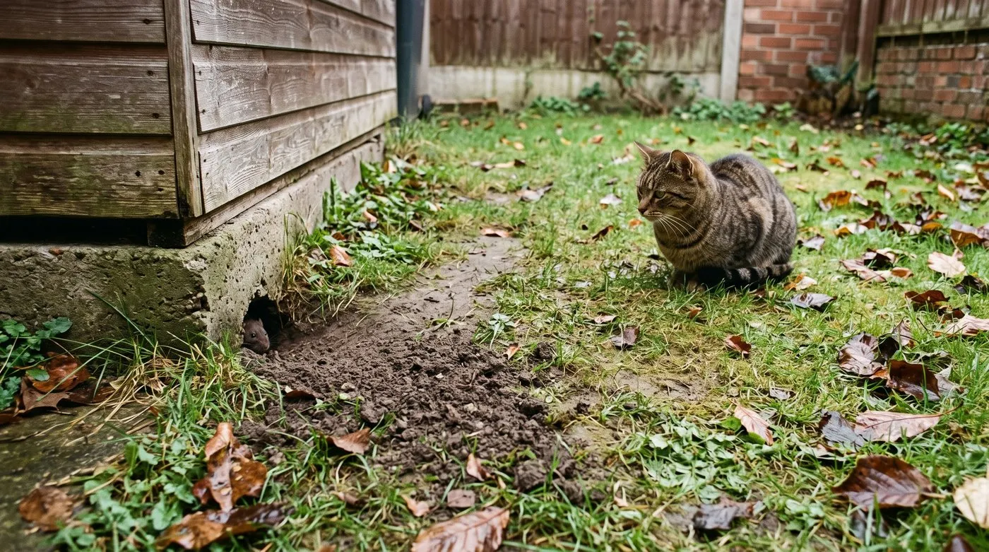 Small round rat burrow at the edge of a lawn beside a shed base, with a cat watching nearby