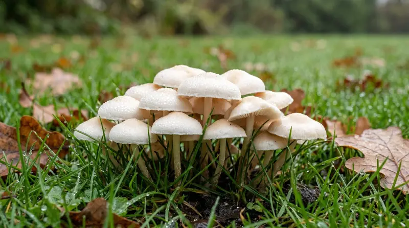 A cluster of small white fairy ring champignon mushrooms emerging from short green grass on a damp UK lawn after autumn rain