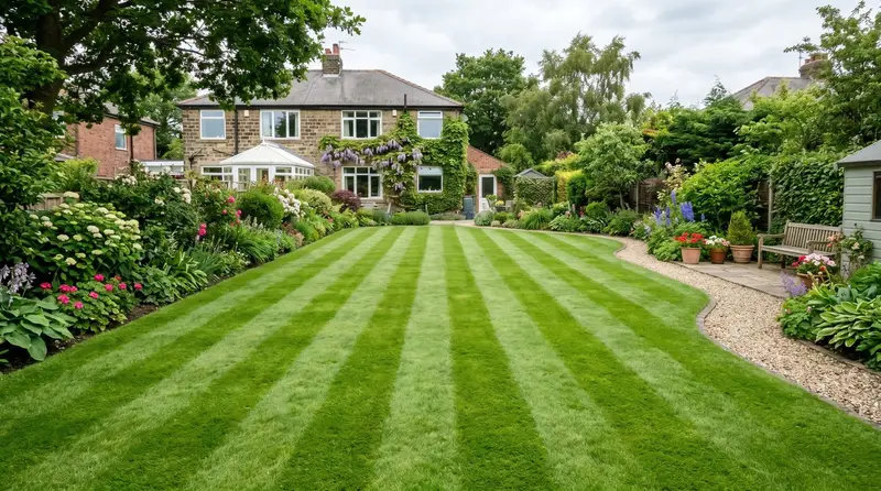 Striped suburban lawn in West Yorkshire with light and dark green bands running away from a back patio