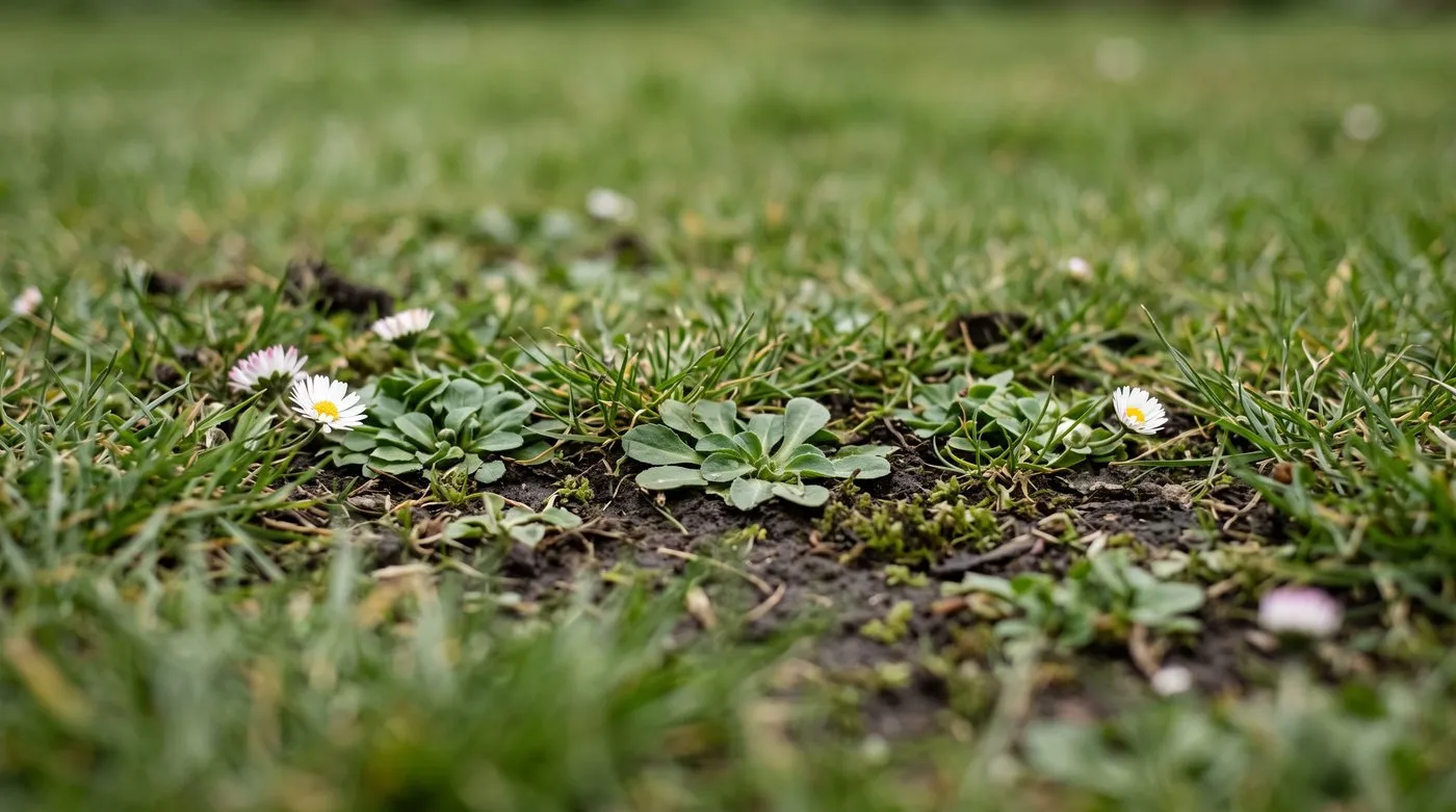 Flat daisy rosettes pressed below the cut height in a closely mown lawn