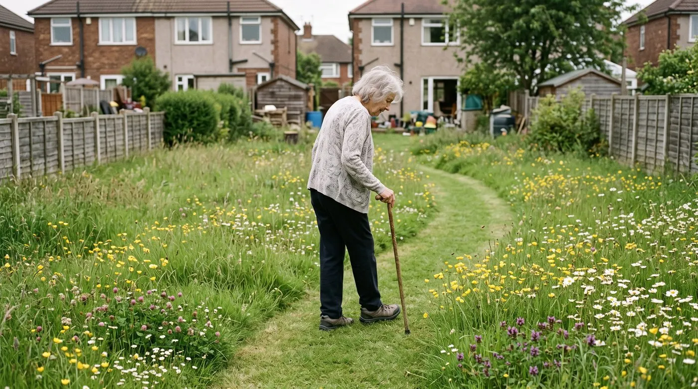 An older woman walking a mown path through a long, flowering lawn left unmown for May