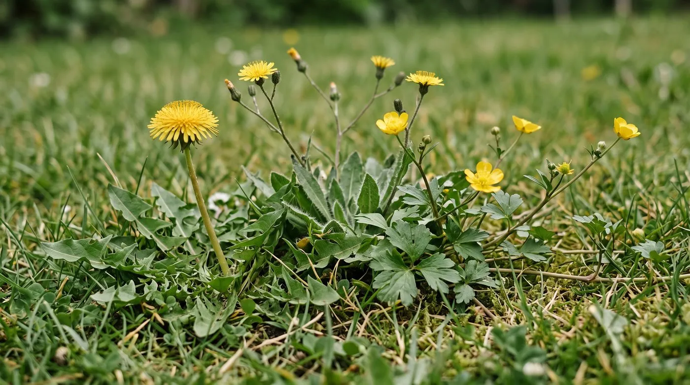 Dandelion, creeping buttercup and cat's-ear flowering side by side in a lawn, showing their different leaves